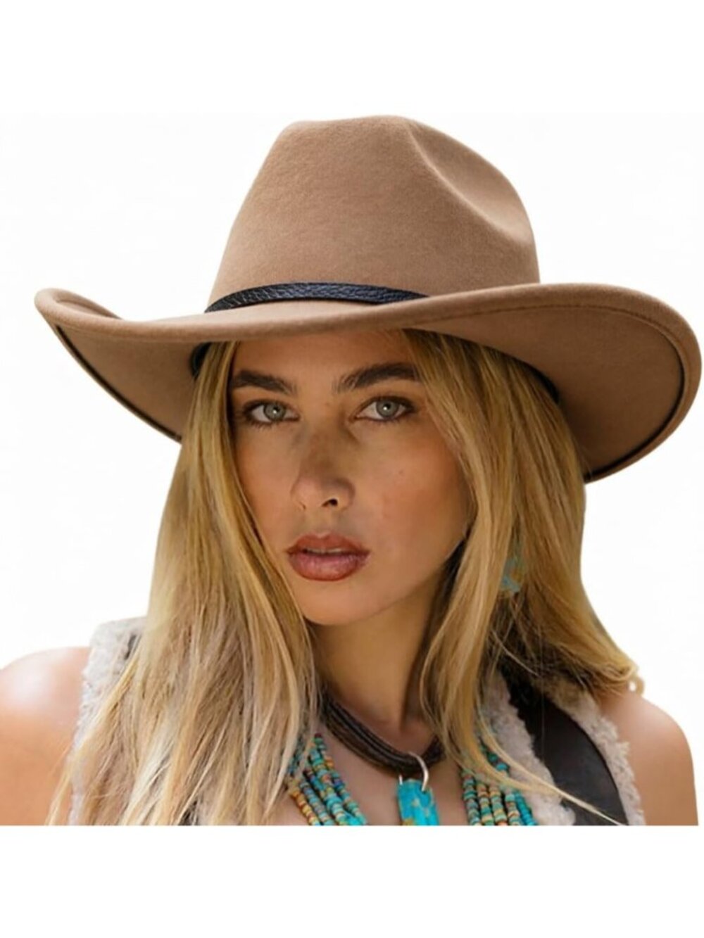 Unisex Brown Felt Wide Brim Cattleman Western Cowgirl Cowboy Rolled Up Hat